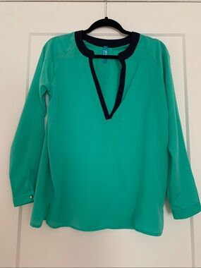 buttons Teal Green Blouse with Navy Trim